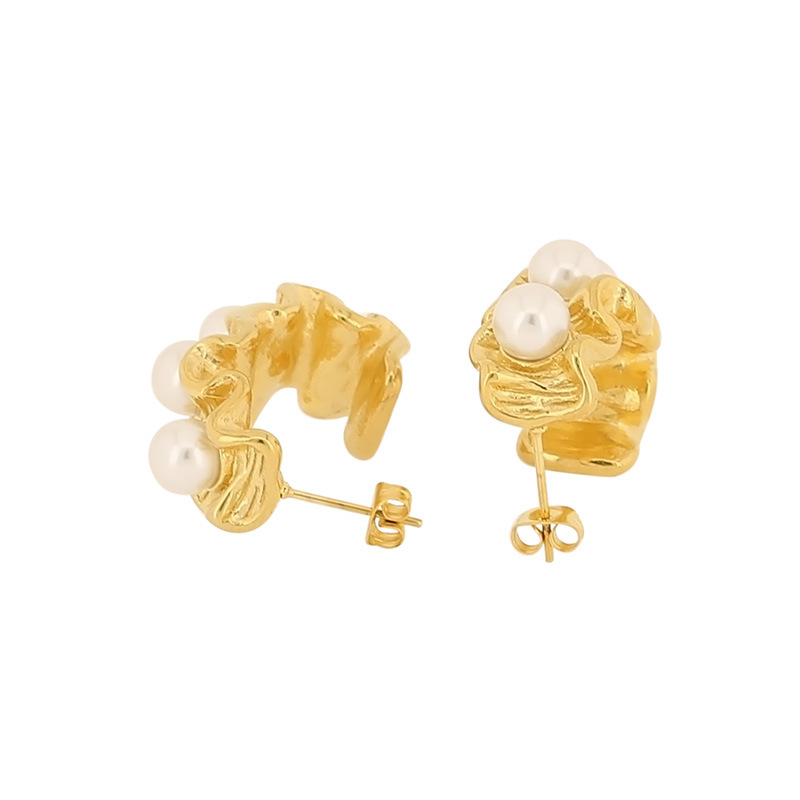 1 Par Estilo Simple Irregular Enchapado Embutido Acero Titanio Perlas Artificiales Chapados en oro de 18k Pendientes display picture 6