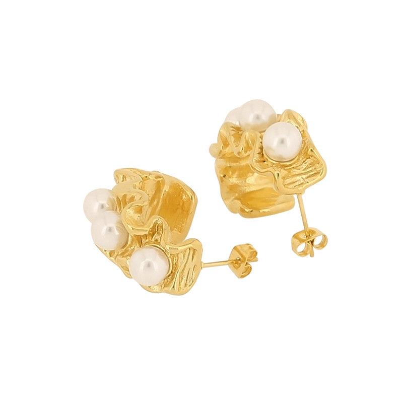 1 Paire Style Simple Irrégulier Placage Incruster Acier Au Titane Perles Artificielles Plaqué Or 18K Boucles D'Oreilles display picture 8