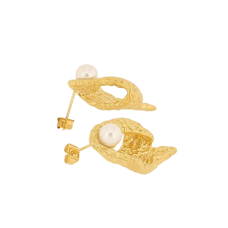 1 Pair Retro Leaf Plating Inlay Titanium Steel Artificial Pearls 18K Gold Plated Ear Studs display picture 5
