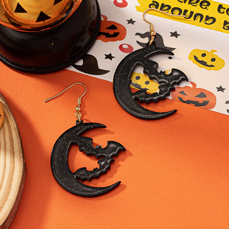 1 Pair Cartoon Style Retro Funny Moon Bat Plating Arylic Gold Plated Drop Earrings display picture 2