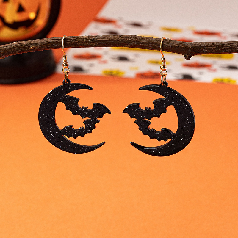 1 Pair Cartoon Style Retro Funny Moon Bat Plating Arylic Gold Plated Drop Earrings display picture 4