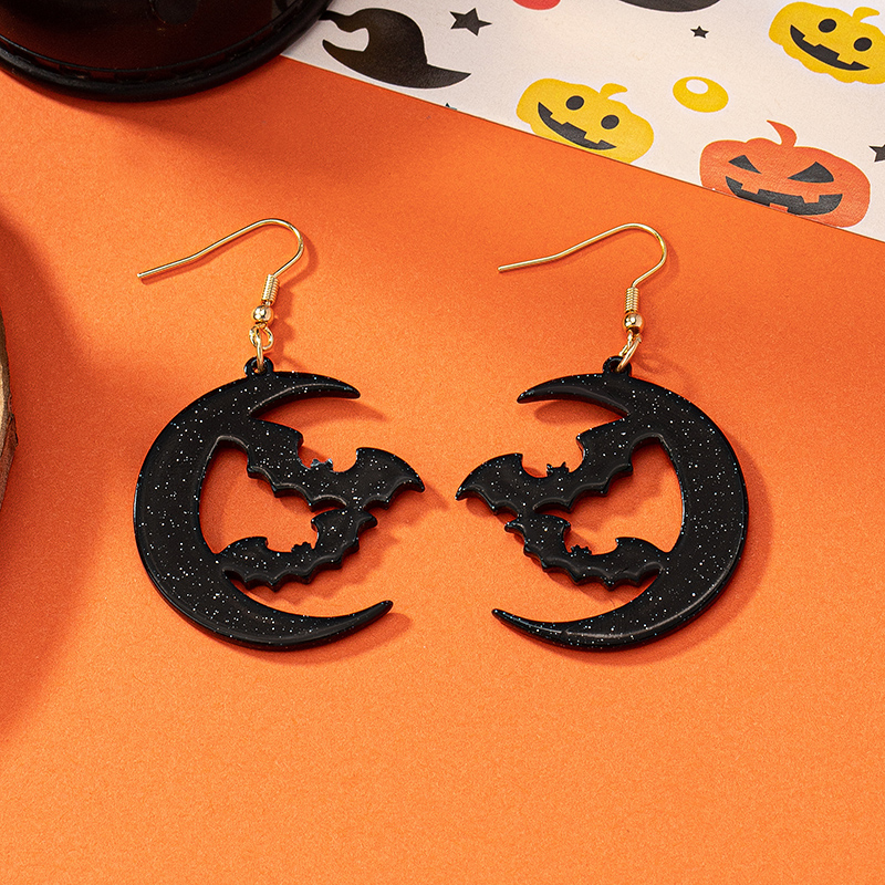 1 Pair Cartoon Style Retro Funny Moon Bat Plating Arylic Gold Plated Drop Earrings display picture 3