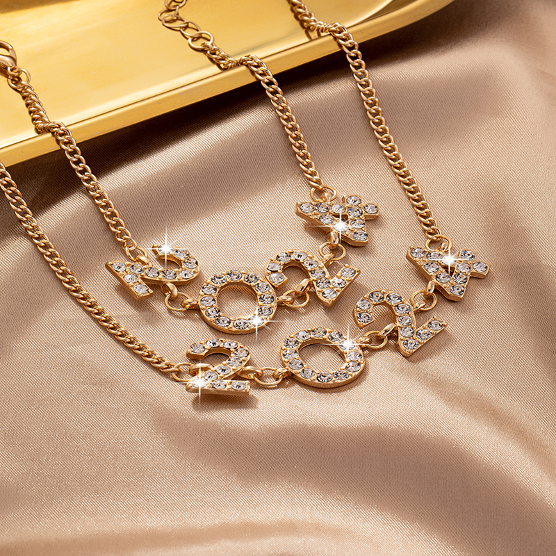 Elegante Lujoso Número Ferroaleaciones Enchapado Embutido Diamantes De Imitación Chapado En Oro Mujeres Pulsera Collar display picture 3