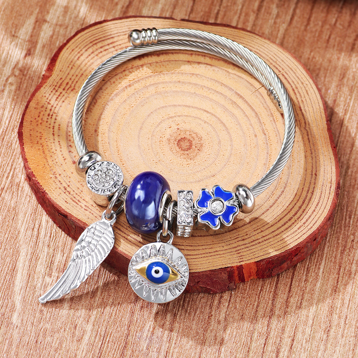 Fashion Devil's Eye Wings Alloy Plating Inlay Rhinestones Silver Plated Unisex Bangle display picture 3