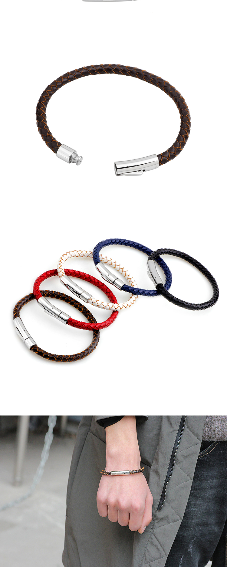 Simple Style Solid Color Stainless Steel Leather Knitting Women's Wristband display picture 5