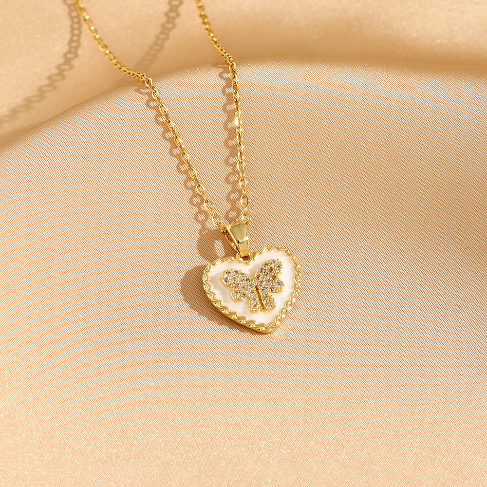 Titanium Steel 18K Gold Plated Simple Style Classic Style Plating Inlay Geometric Oval Heart Shape Shell Zircon Pendant Necklace display picture 9