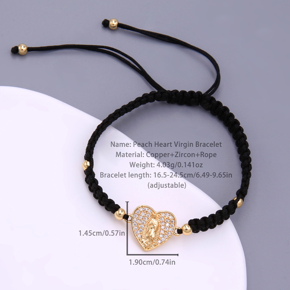 Glam Simple Style Virgin Mary Heart Shape Rope Copper Knitting Plating Inlay Zircon 18k Gold Plated Women's Drawstring Bracelets display picture 1