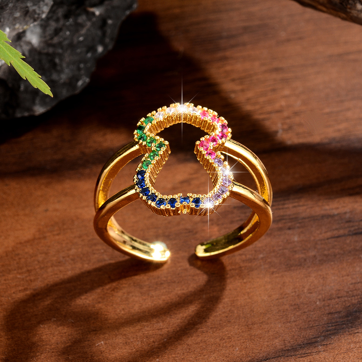 Shiny Color Block Copper Inlay Zircon 18k Gold Plated Rings display picture 2