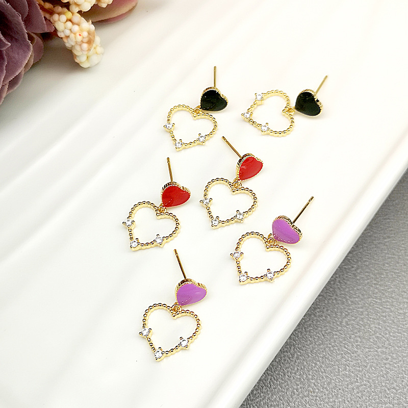 1 Pair Simple Style Heart Shape Enamel Inlay Copper Zircon Drop Earrings display picture 2