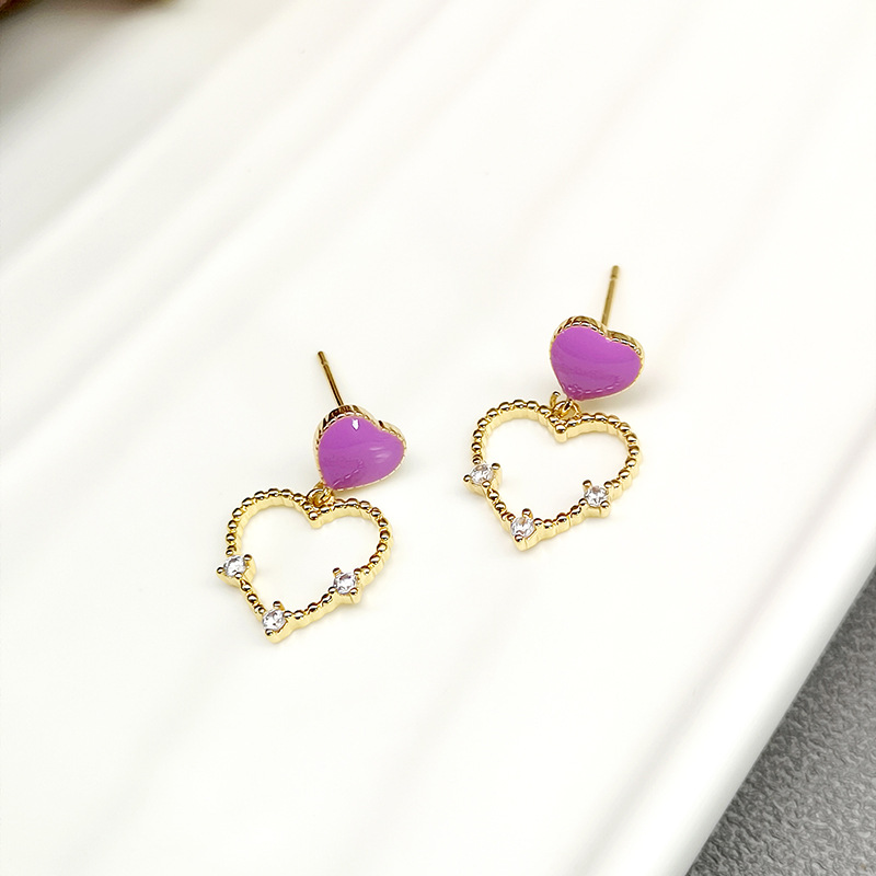 1 Pair Simple Style Heart Shape Enamel Inlay Copper Zircon Drop Earrings display picture 3