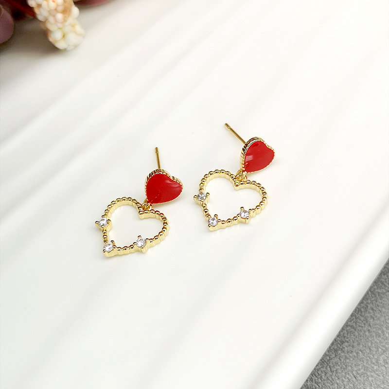 1 Pair Simple Style Heart Shape Enamel Inlay Copper Zircon Drop Earrings display picture 4