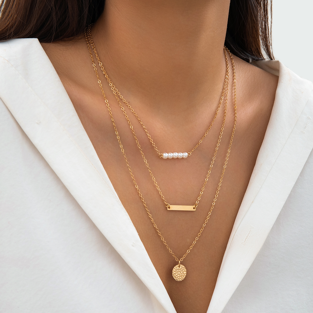 Simple Style Round Rectangle Imitation Pearl Alloy Copper Chain Women's Layered Necklaces display picture 3