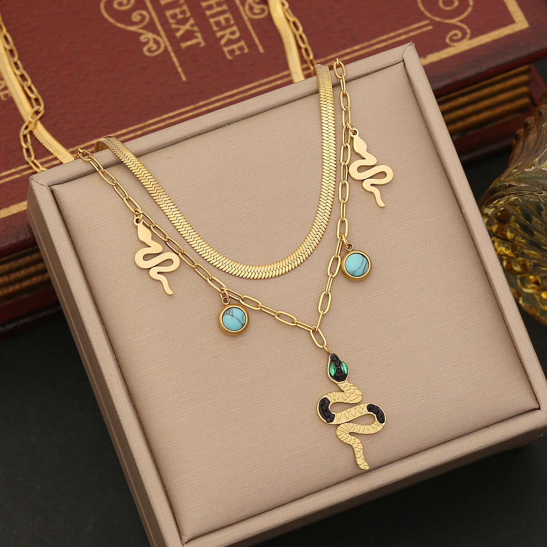 Wholesale Commute Snake 304 Stainless Steel Copper Inlay 18K Gold Plated Artificial Diamond Layered Necklaces display picture 19