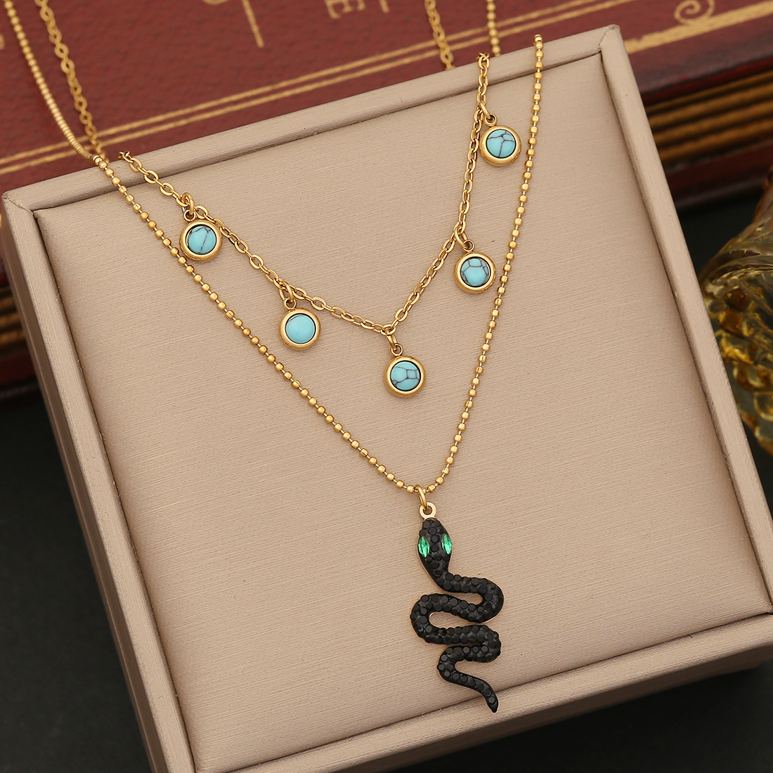 Wholesale Commute Snake 304 Stainless Steel Copper Inlay 18K Gold Plated Artificial Diamond Layered Necklaces display picture 24