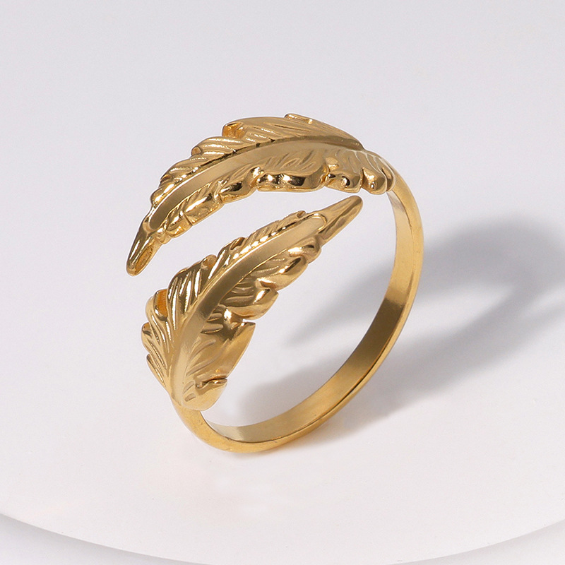 304 Stainless Steel 18K Gold Plated Vintage Style Simple Style Feather Open Rings display picture 4