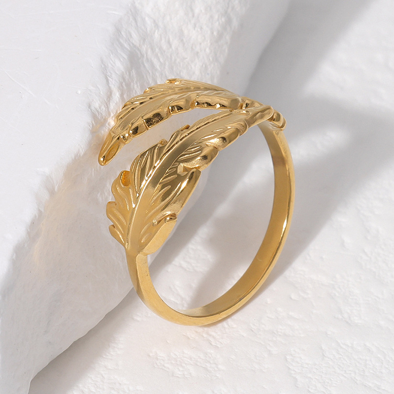 304 Stainless Steel 18K Gold Plated Vintage Style Simple Style Feather Open Rings display picture 5