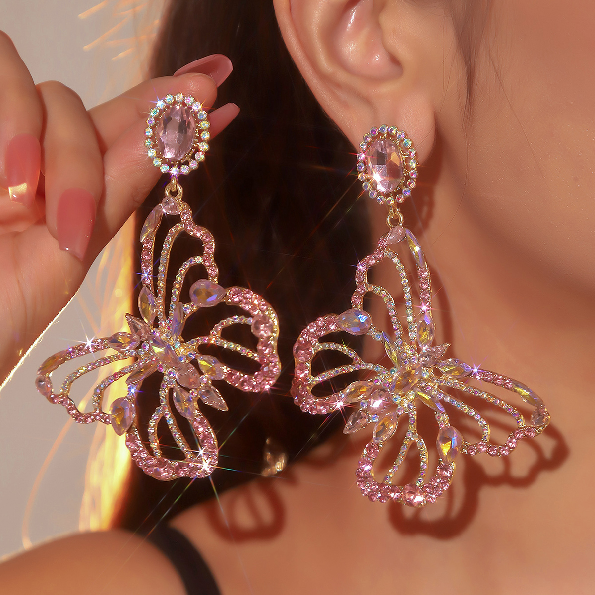 1 Pair Shiny Butterfly Inlay Alloy Rhinestones Zircon Drop Earrings display picture 1
