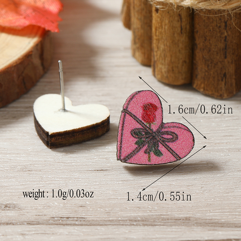 1 Pair Cute Heart Shape Flower Umbrella Painted Plating Wood Silver Plated Ear Studs display picture 54
