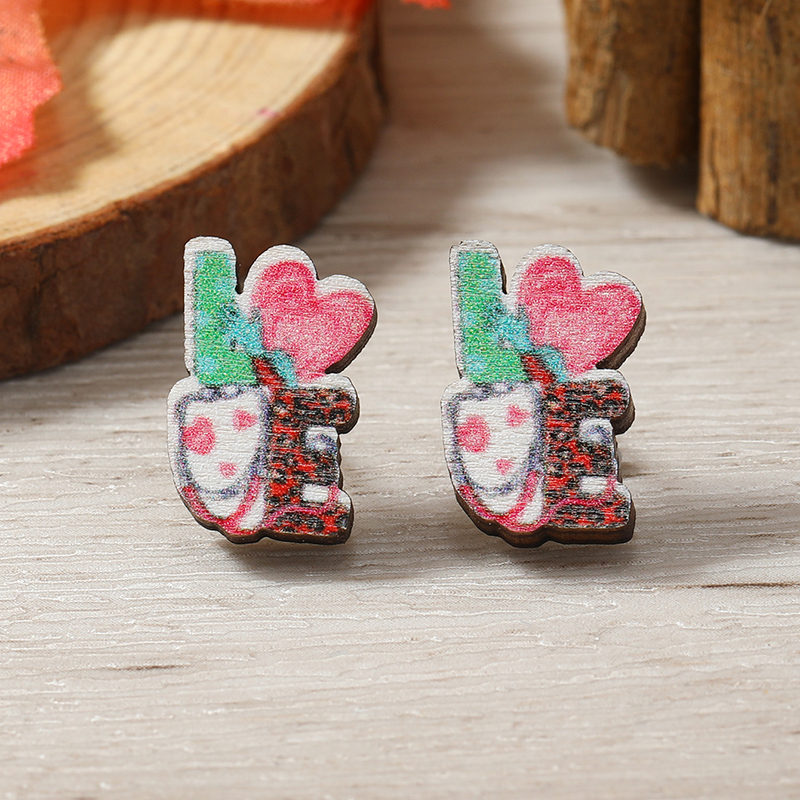 1 Pair Cute Heart Shape Flower Umbrella Painted Plating Wood Silver Plated Ear Studs display picture 45