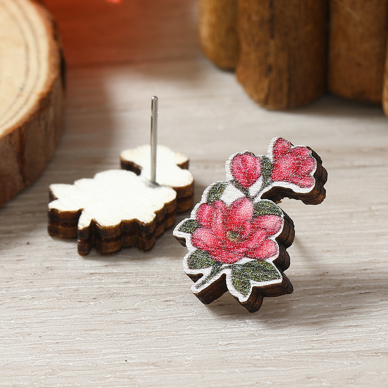 1 Pair Cute Heart Shape Flower Umbrella Painted Plating Wood Silver Plated Ear Studs display picture 56