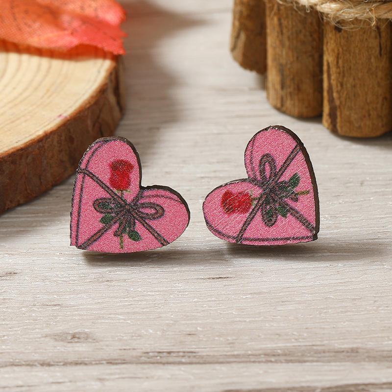 1 Pair Cute Heart Shape Flower Umbrella Painted Plating Wood Silver Plated Ear Studs display picture 58