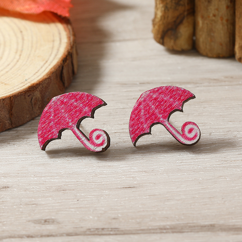 1 Pair Cute Heart Shape Flower Umbrella Painted Plating Wood Silver Plated Ear Studs display picture 87