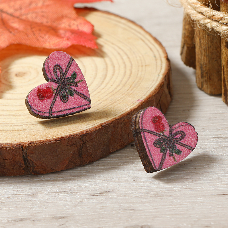 1 Pair Cute Heart Shape Flower Umbrella Painted Plating Wood Silver Plated Ear Studs display picture 91