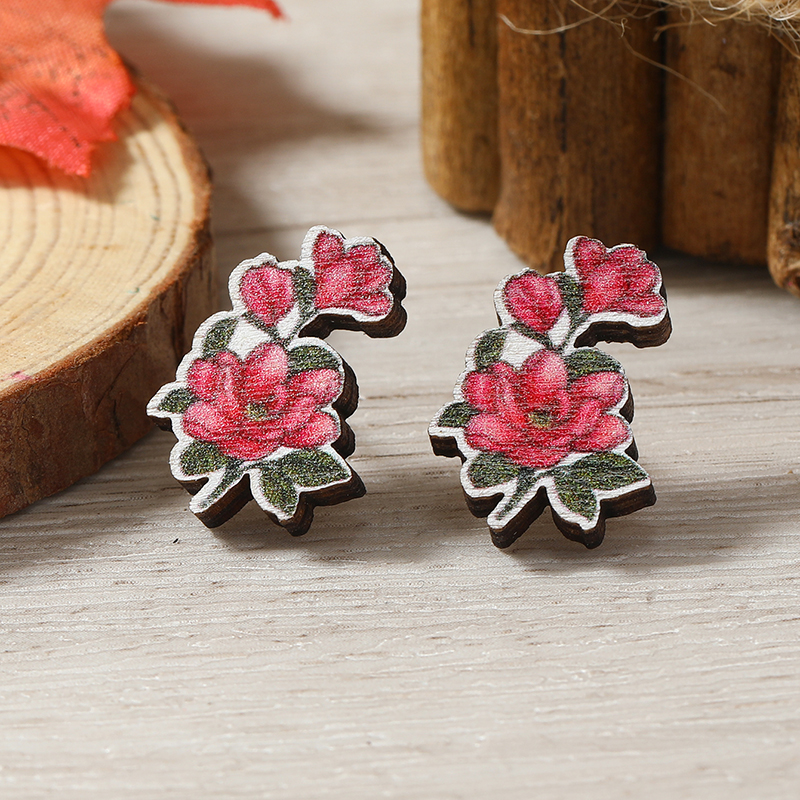 1 Pair Cute Heart Shape Flower Umbrella Painted Plating Wood Silver Plated Ear Studs display picture 95