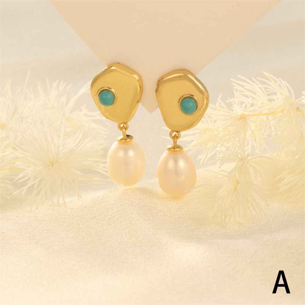 1 Pair Elegant Luxurious Irregular Plating Inlay Freshwater Pearl Copper Turquoise Zircon 18k Gold Plated Drop Earrings display picture 11