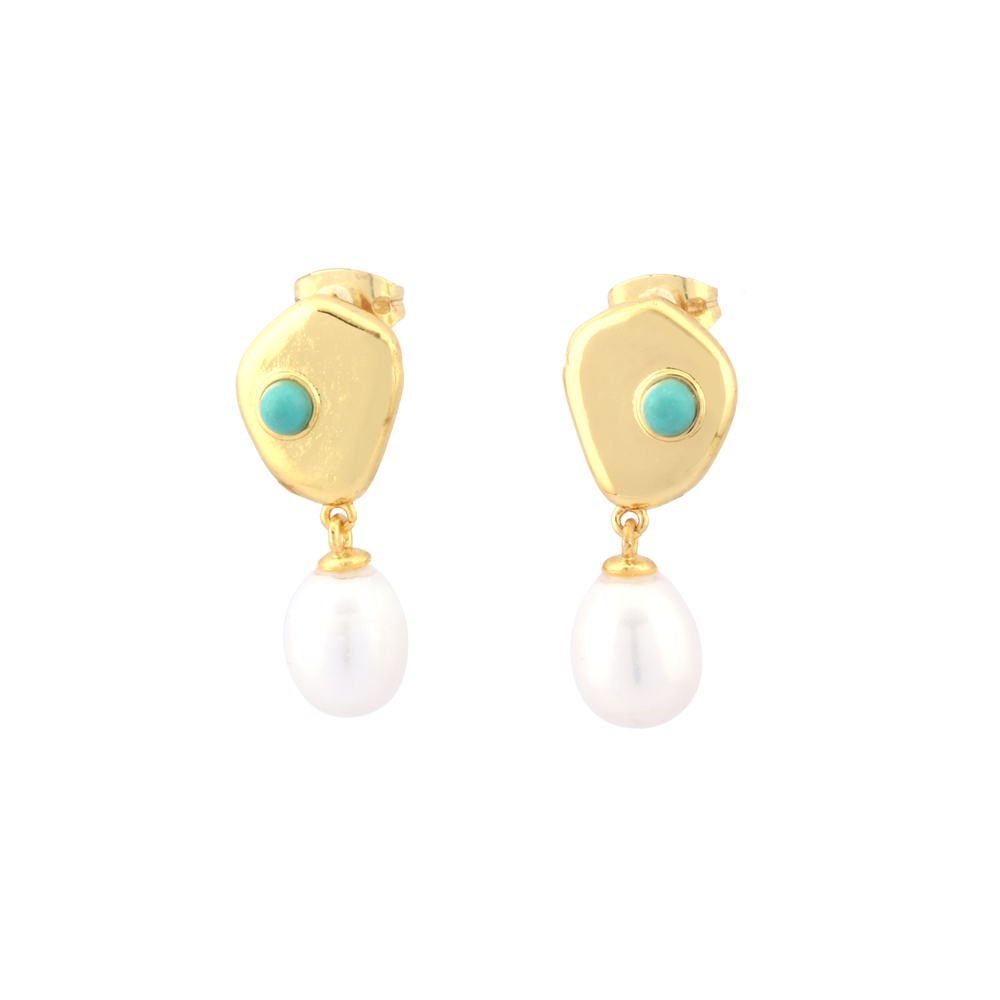 1 Pair Elegant Luxurious Irregular Plating Inlay Freshwater Pearl Copper Turquoise Zircon 18k Gold Plated Drop Earrings display picture 2