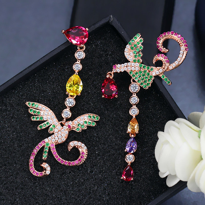 1 Pair Shiny Phoenix Water Droplets Tassel Asymmetrical Plating Inlay Copper Zircon Rhodium Plated Silver Plated Drop Earrings display picture 4