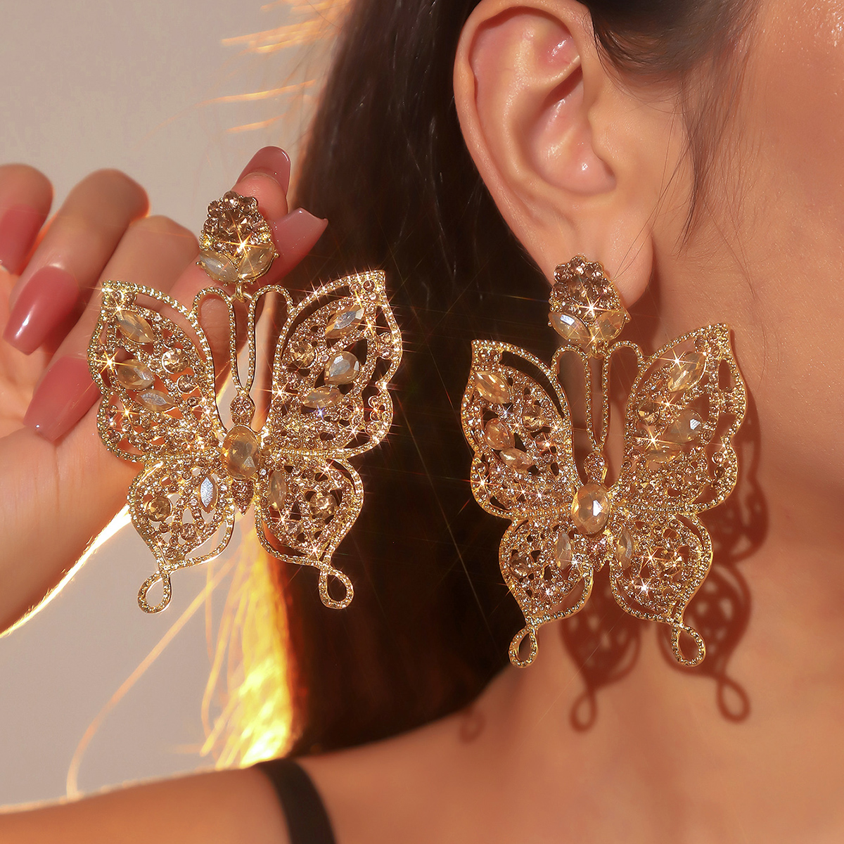 1 Pair Ig Style Exaggerated Butterfly Inlay Alloy Rhinestones Zircon Drop Earrings display picture 2