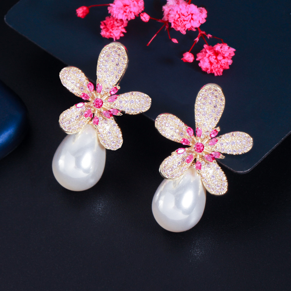 1 Pair Romantic Sweet Flower Plating Inlay Copper Pearl Zircon Rhodium Plated Silver Plated Drop Earrings display picture 6