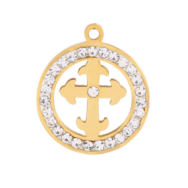 1 Piece Stainless Steel Rhinestones 18K Gold Plated Cross Round display picture 6