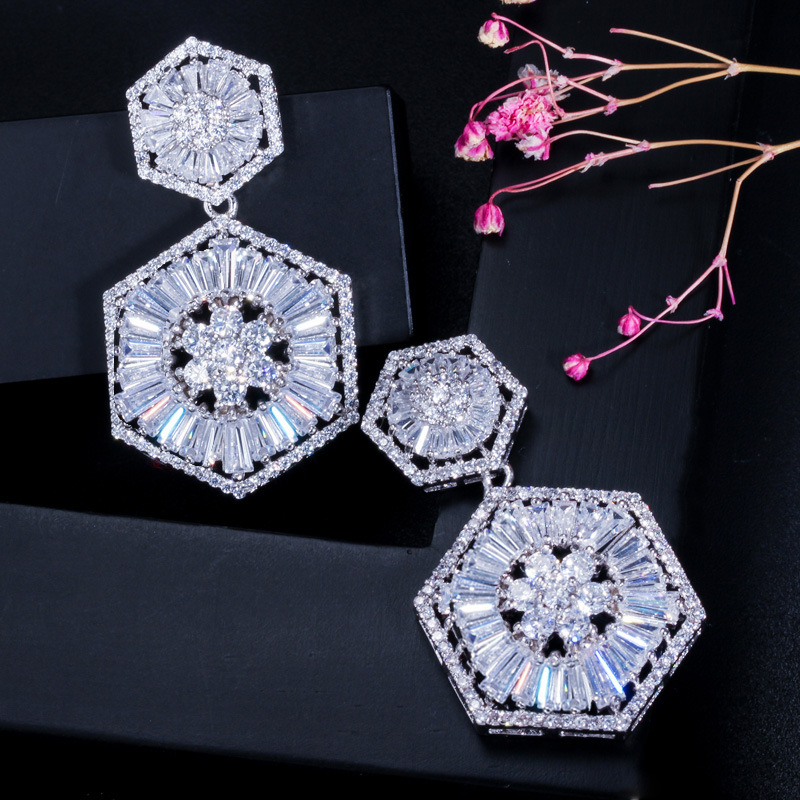 1 Pair Elegant Round Snowflake Plating Inlay Copper Zircon Rhodium Plated Silver Plated Drop Earrings display picture 5