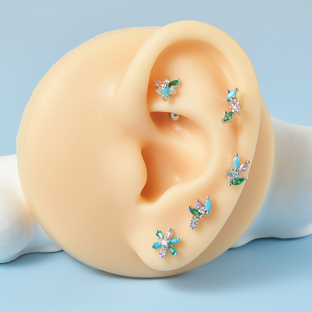 1 Piece Simple Style Leaf Flower Inlay Stainless Steel Turquoise Zircon Ear Studs display picture 2