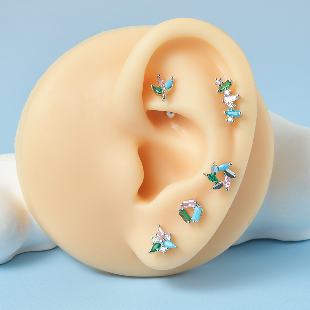 1 Piece Simple Style Leaf Flower Inlay Stainless Steel Turquoise Zircon Ear Studs display picture 3