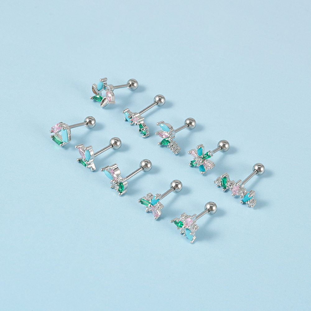 1 Piece Simple Style Leaf Flower Inlay Stainless Steel Turquoise Zircon Ear Studs display picture 4