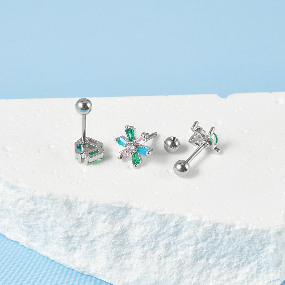 1 Piece Simple Style Leaf Flower Inlay Stainless Steel Turquoise Zircon Ear Studs display picture 6
