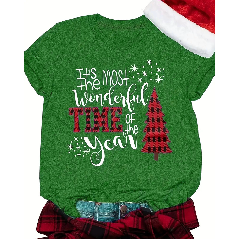 Women's T-shirt Short Sleeve T-shirts Printing Casual Christmas Tree Letter display picture 4