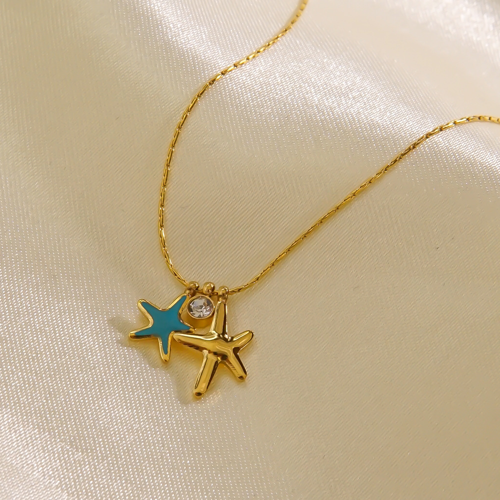 304 Stainless Steel 14K Gold Plated Simple Style Enamel Inlay Starfish Zircon Pendant Necklace display picture 1