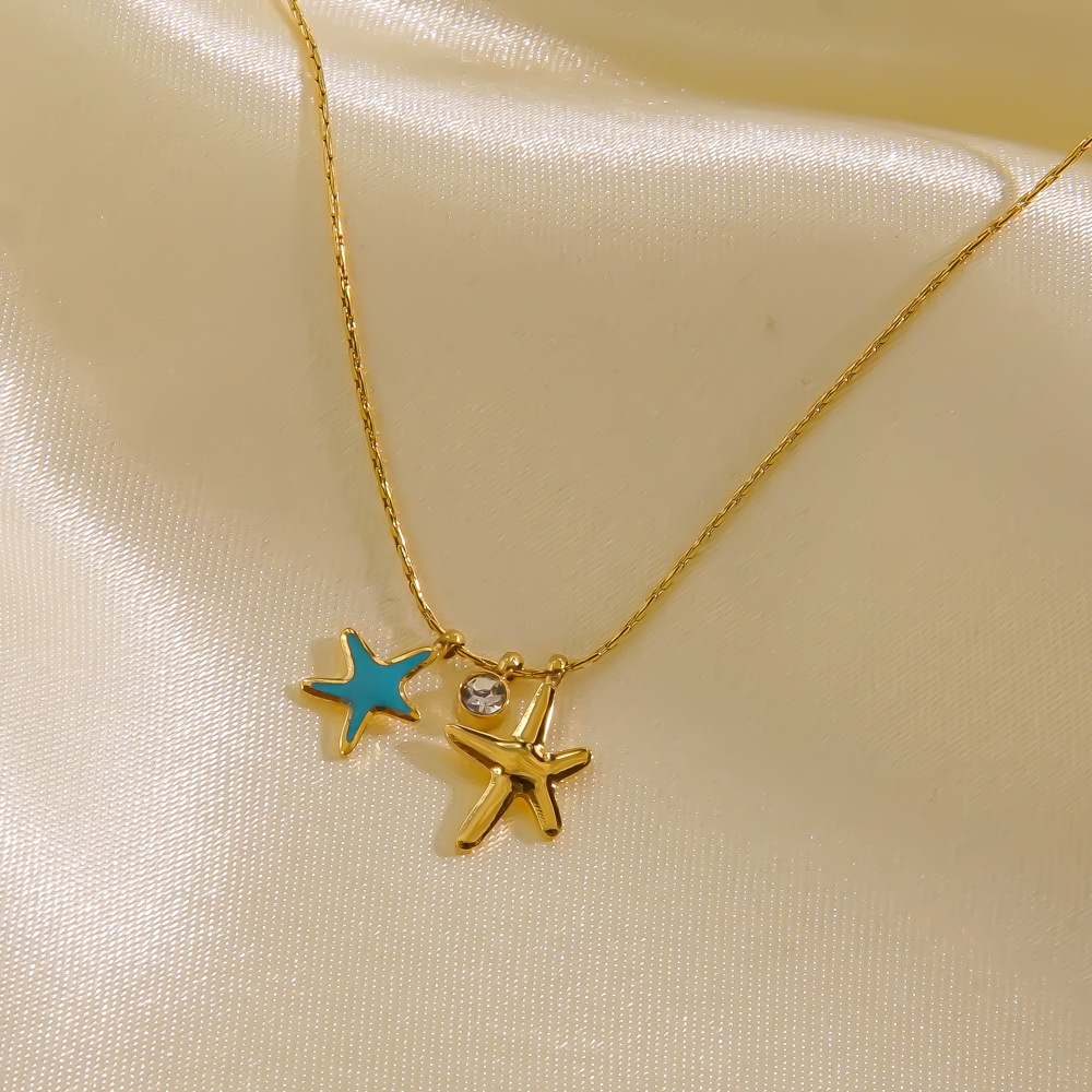 304 Stainless Steel 14K Gold Plated Simple Style Enamel Inlay Starfish Zircon Pendant Necklace display picture 3