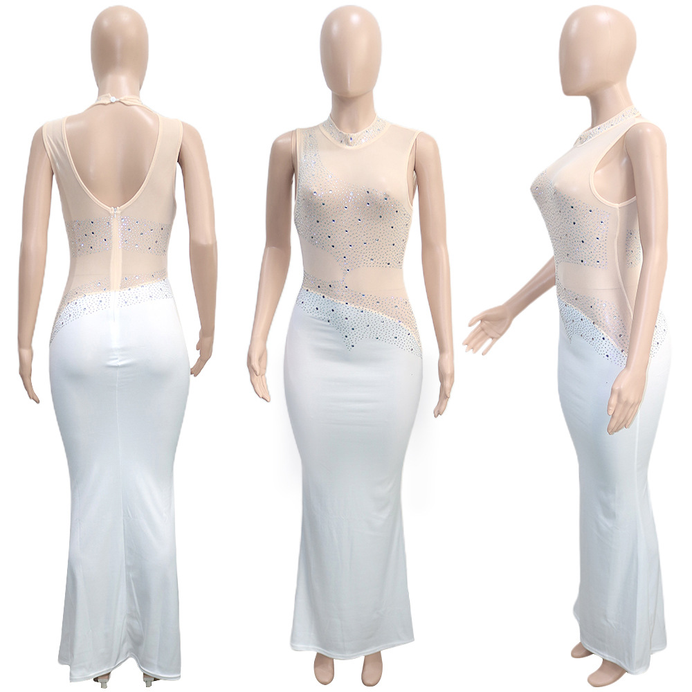Women's Party Dress Sexy High Neck See-through Diamond Backless Sleeveless Solid Color Maxi Long Dress Banquet Party display picture 6