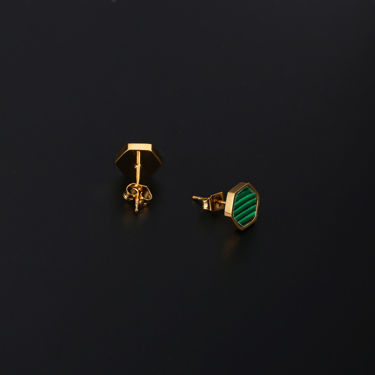 1 Pair Elegant Vintage Style Simple Style Hexagon Plating Inlay 304 Stainless Steel Malachite 18K Gold Plated Ear Studs display picture 2