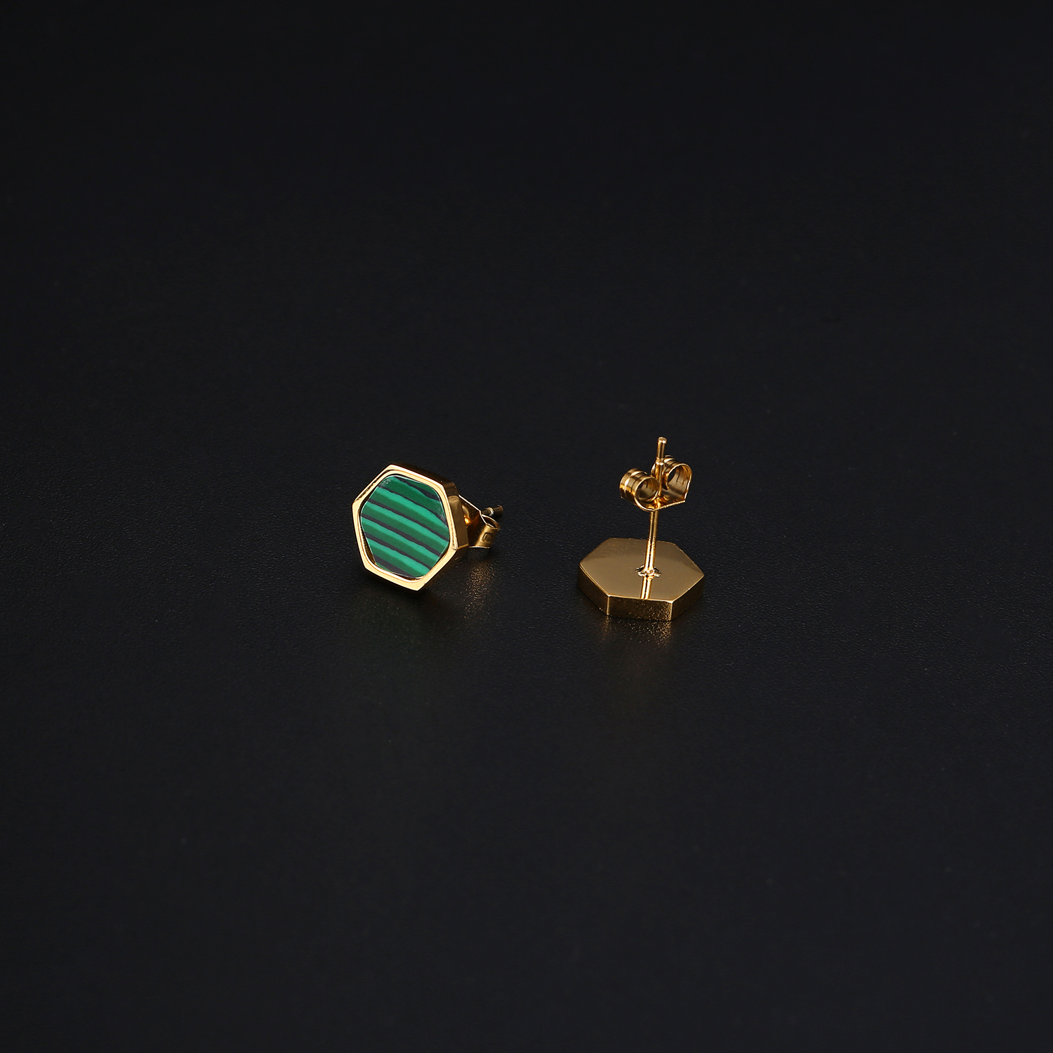 1 Pair Elegant Vintage Style Simple Style Hexagon Plating Inlay 304 Stainless Steel Malachite 18K Gold Plated Ear Studs display picture 3