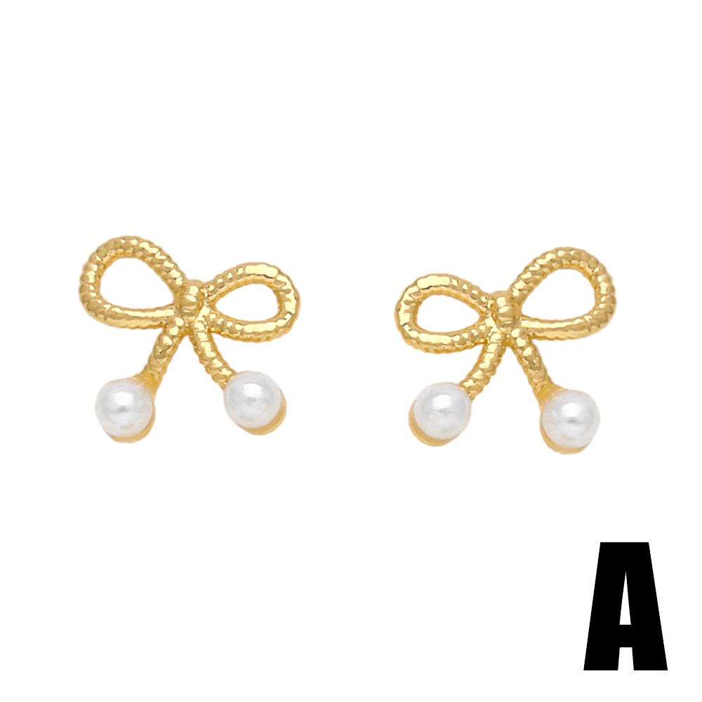 1 Paire Style Moderne Style Simple Lapin Fleur Noeud D'arc Placage Incruster Le Cuivre Perle Zircon Plaqué Or 18k Boucles D'oreilles display picture 4