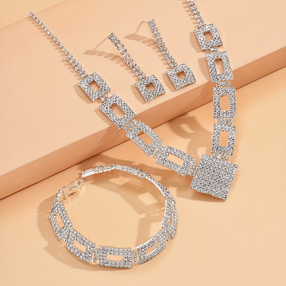 Ig Style Shiny Square Alloy Plating Inlay Rhinestones Silver Plated Women's Bracelets Earrings Necklace display picture 7