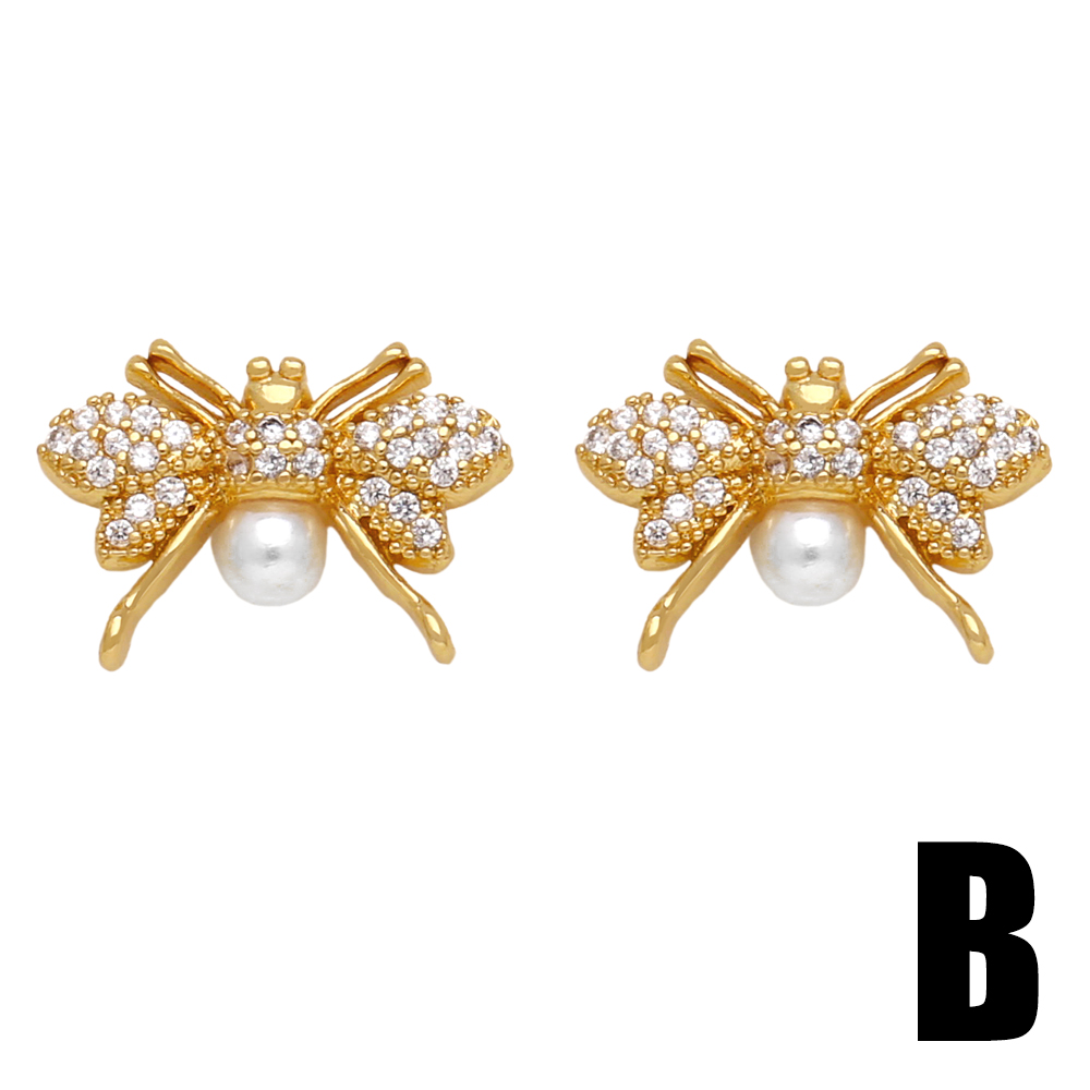 1 Pair Simple Style Star Petal Bee Plating Inlay Copper Zircon 18k Gold Plated Ear Studs display picture 4