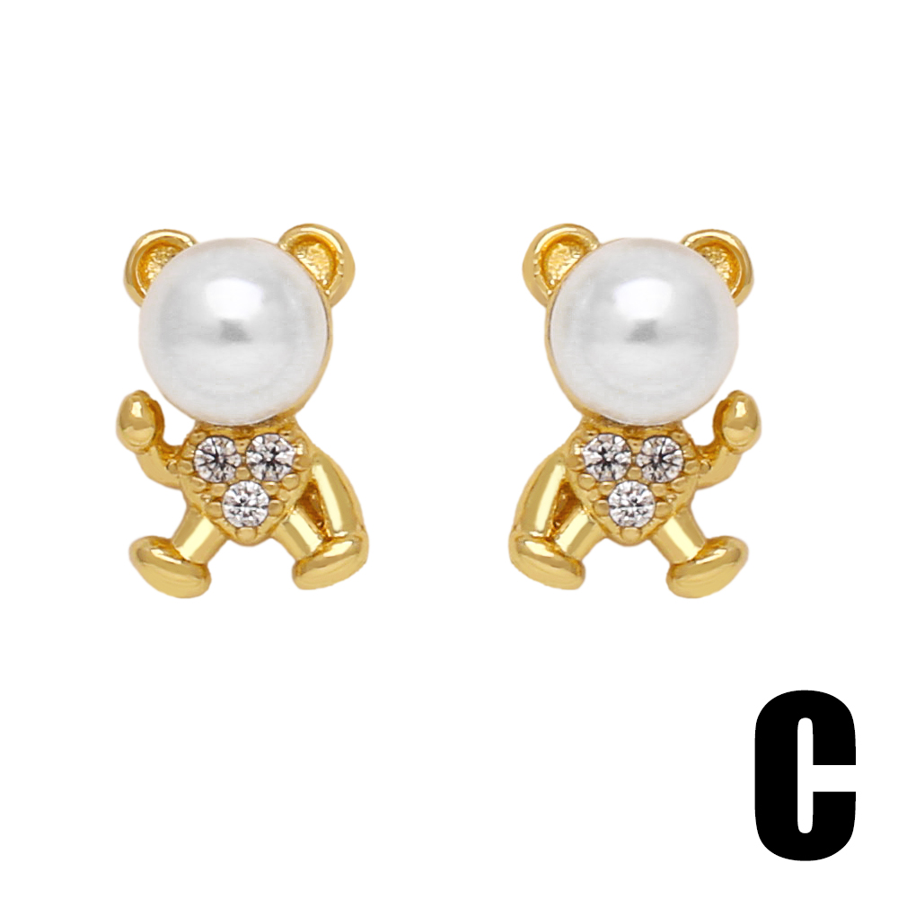 1 Pair Modern Style Simple Style Animal Bear Plating Inlay Copper Artificial Pearls Zircon 18k Gold Plated Ear Studs display picture 3
