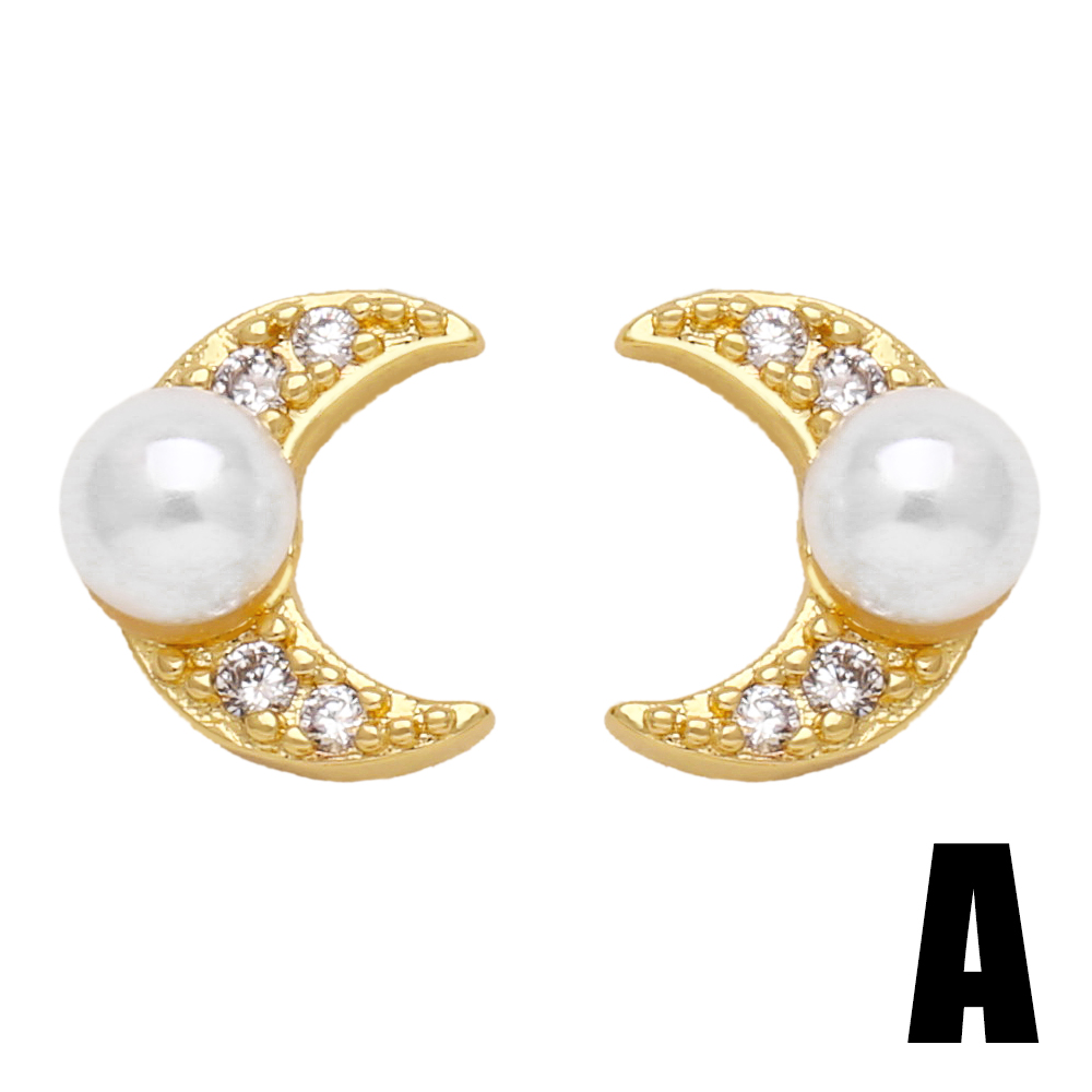 1 Pair Modern Style Simple Style Round Moon Plating Inlay Copper Artificial Pearls Zircon 18k Gold Plated Ear Studs display picture 3